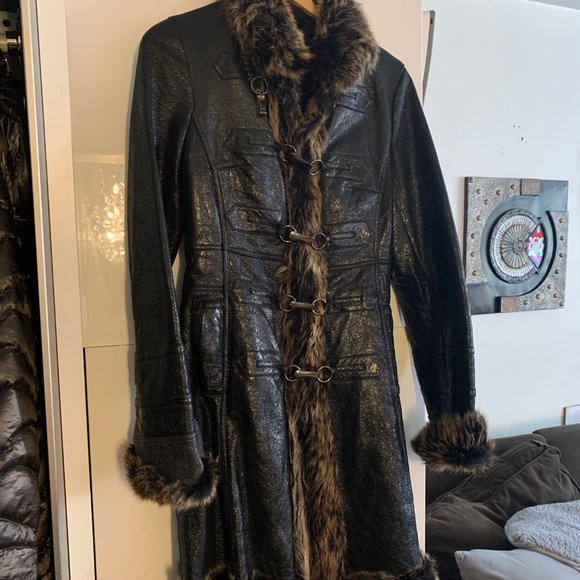 PASHA VENETO BLACK/ BROWN SHEARLING LEATHER FUR LINED TRIM COAT JACKET XS/ 4 - Picture 2 of 8
